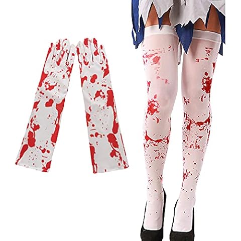 Lifenanny 1 Pair Women Bloody Over Knee High Stockings & Full Finger Gloves Arm Warmer for Halloween Costume Cosplay Parties, White and Red Cover