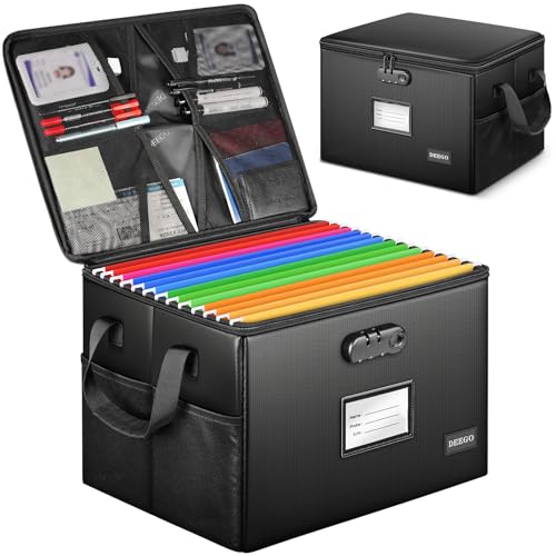 Fireproof Document Box, Water-Resistant File Organizer Box with Lock, Portable File Box with Handle Document Organizer Collapsible File Cabinets for Home Office for Hanging Letter/Legal Folder, Black