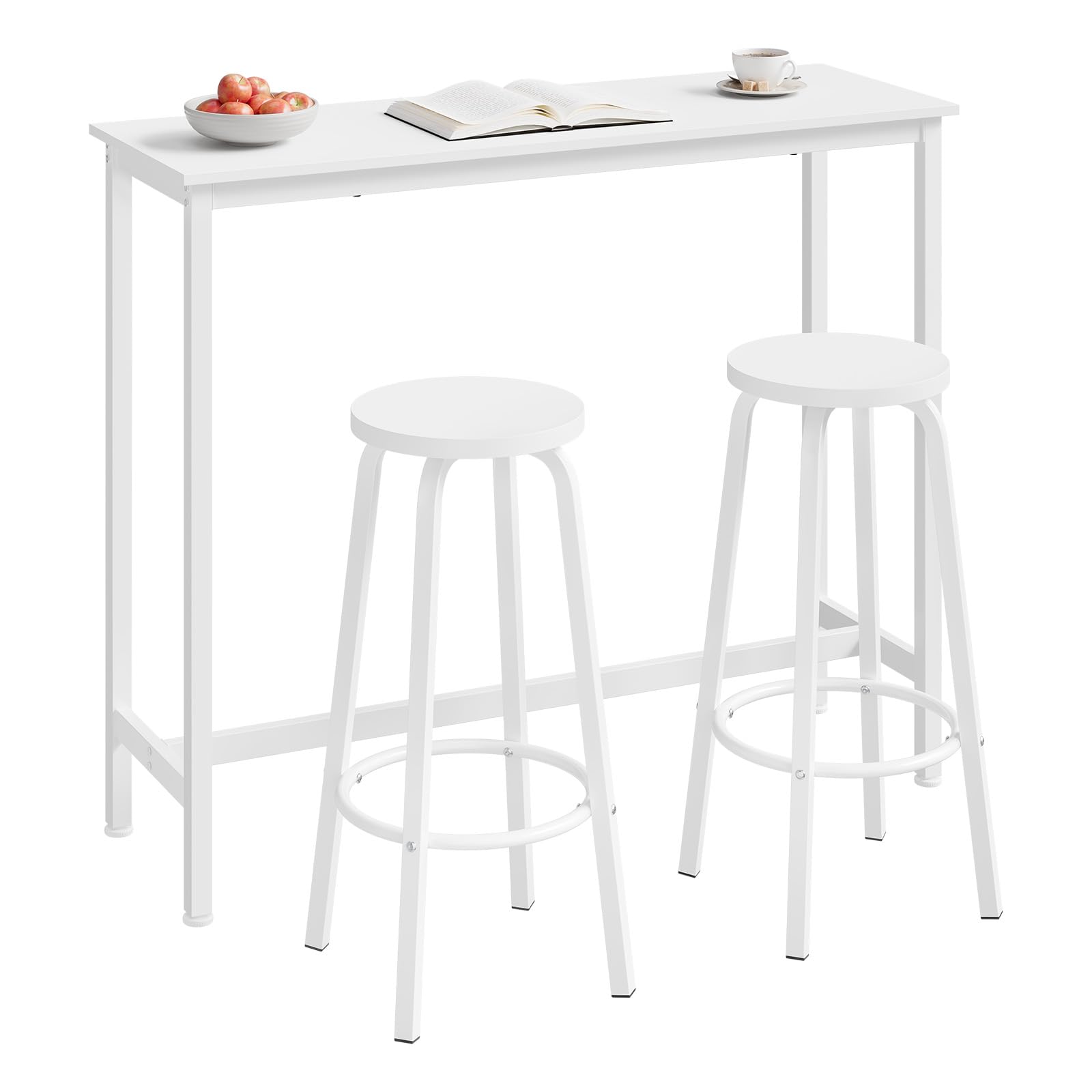WOLTU Bartisch Set mit 2 Barhockern, Stehtisch & Barstuhl mit Metallgestell, Esstisch aus Holz für Bar Küche Wohnzimmer, Bistrotisch Bartheke Tresentisch, 120x40x100cm, Weiß