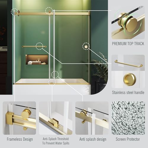 Image of Bathtub Sliding Door 55 inch-60 inch W x 56 inch H Tub Shower Door, Frameless Bypass Bathtub Door Glass, Double Sliding Tempered Glass with Explosion-Proof Film Stainless Steel Gold
