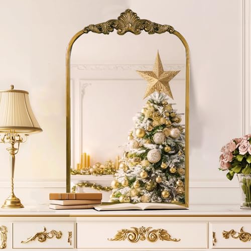 Luxbaro Espejo dorado vintage de 19 x 31 pulgadas, espejos antiguos grandes para pared, espejo barroco tradicional ornamentado, espejo de latón arqueado para baño, sala de estar, chimenea, entrada,
