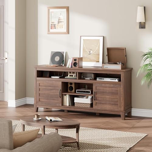 Image of 63 Inch TV Stand for Televisions Up to 70 Inches, Rustic Farmhouse Media Console with Height-Height-Customizable Shelves & Cabinet Doors, Entertainment Center for Living Room or Bedroom,Brown