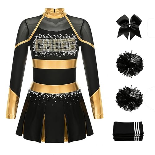 Generisch Cheerleader Kostüm Kinder, Cheerleader Kostüm Mädchen, Cheerleading Outfit Faschingskostüm mit Strümpfen Pom Poms,Kinder Cheer Kostüme für Karneval, Fasching,High-School-Mottoparty