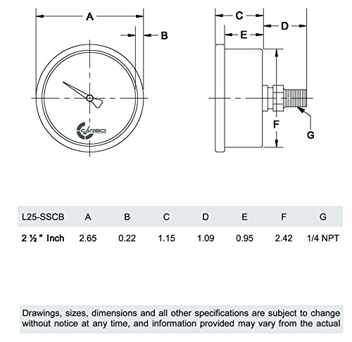 Carbo Instruments 2 1-2" Pressure Gauge, Stainless Steel Case, Chrome Plated Brass Connection, Lqiuid Filled, Compound Vacuum -30 Hg - 0-30 Psi Back Mount 1/4" Npt #TOP3