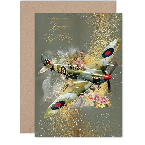 Gold Family Birthday Card - Spitfire Airplane - Happy Birthday Card for Family from Colleague Friends 5x7 Inch Golden Vintage Aviation Military Plane Bday Greeting Cards