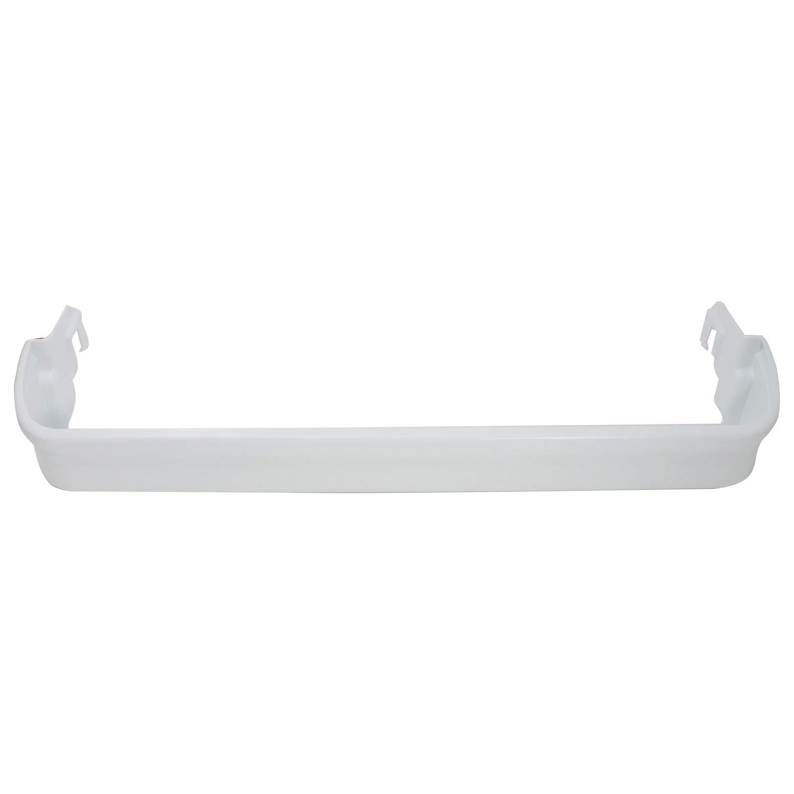 Front view of the white refrigerator door bin shelf