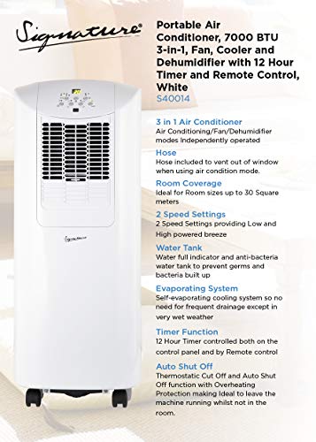 Signature S40014 Portable Air Conditioner, 7000 BTU 3-in-1, Fan, Cooler and Dehumidifier with 12 Hour Timer, Thermostatic Cut Off, Auto Shut Down, Overheat Protection, R290, Remote Control, White - Image 3