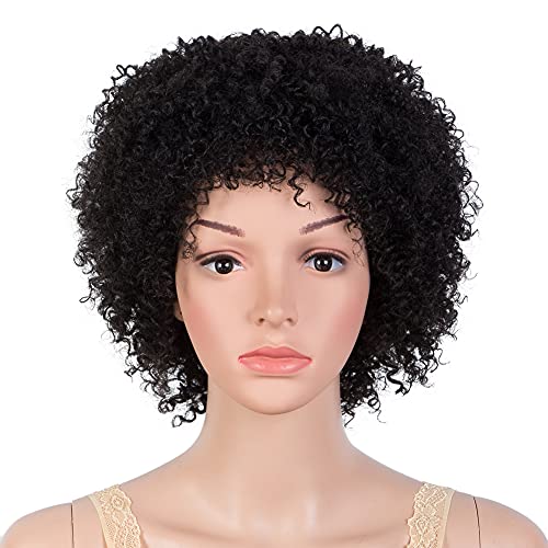 JOEDIR HAIR Short Curly Afro Wig with Bangs Natural Black Kinky Curly Synthetic Wigs Fluffy Curly Wig for Black Women (12 Inch 1B)
