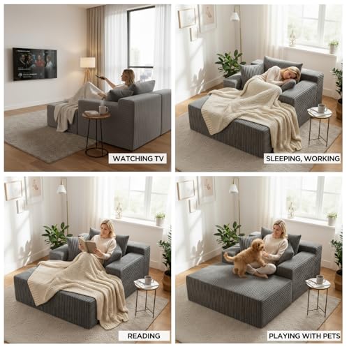 Image of Sytopia Chaise Lounge with Armrests, Oversized Sofa Bed with 3 Pillows, Cozy Couch, Sleeper Reading Chair for Living Room Bedroom, Floor Sofa Corduroy, Furniture Sala, Urban Grey