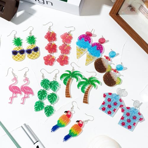 Y1tvei Summer Glitter Acrylic Earrings - 9 Pairs Hawaiian Flamingo Sea Turtle Sunflower Coconut Tree Dangle Set, Aesthetic Animals Plants Drop Jewelry Gifts for Girls Women Daily Beach Tropical Party2
