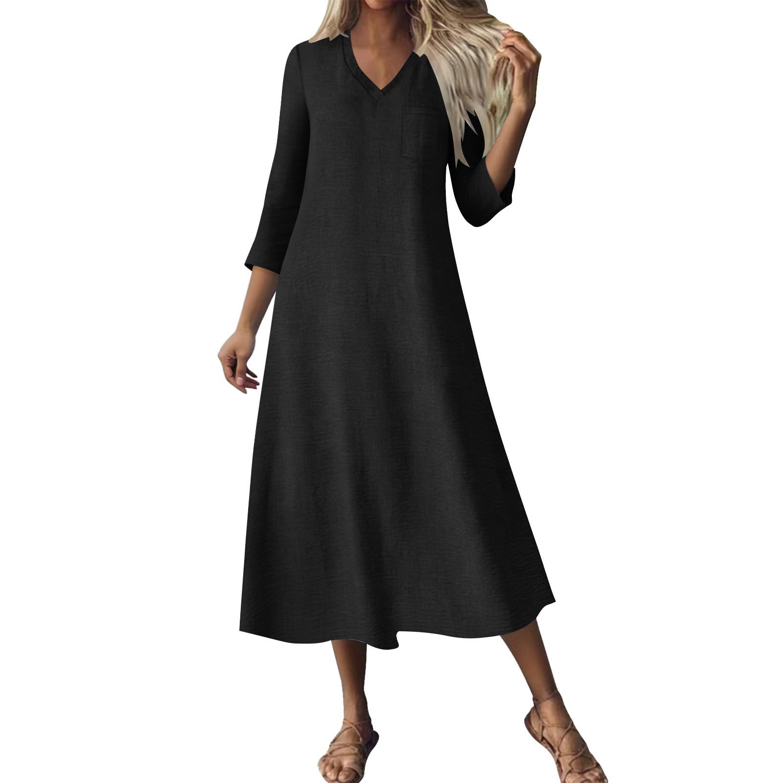 RLEHJN Maxikleider Damen Sommer,Langarm V-Ausschnitt Sommerkleid Boho Kleid Einfarbige Lang Strandkleid Leicht Und Luftig Leinenkleider Freizeitkleid Elegant Casual Kleider Baumwollkleid