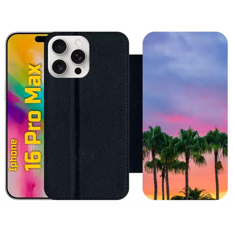 Etui à rabat pour iPhone 16 Pro Max palmiers Los Angeles anti-rayure en simili-cuir noir