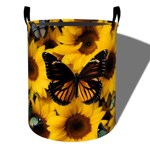Image of Sunflower Laundry Basket, Butterfly Print Foldable Oxford Cloth, Waterproof Dirty Clothes Hamper with Handles, Clothing Storage Bucket Toy Organizer for Bathroom Bedroom Dorm, 19.7 inchx15.7 inch