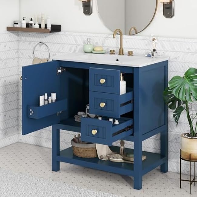 Bathroom Vanity Set, 36 Bathroom Vanity with Resin Sink Combo, Solid Wood Frame Bathroom Storage Cabinet with 5 Drawers & Soft Closing Doors, MDF Boards, Gold Metal Knobs