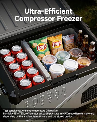 Image of BODEGA Portable 12V Car Refrigerator, 47QT Stainless Steel Fridge with Removable Divider for Dual Zone MAX /ECO Modes & Battery Protection, Electric Cooler for RV, Truck, Camping