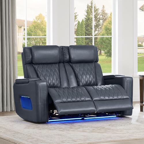 Watson & Whitely Genuine Leather Power Reclining Loveseat with LED, Navy | Lay Flat Reclining Sofa, Heat & Massage, Power Headrests, Cup Holders/Storage, Home Theater Seating, Living Room