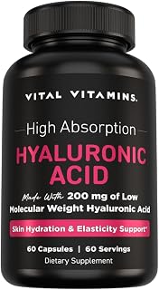 Vital Vitamins Hyaluronic Acid Supplements - Made with 200mg of Low Molecular Weight Hyaluronic Acid - Supports Skin Hydration & Elasticity from Within - 60 Capsules, 60 Servings