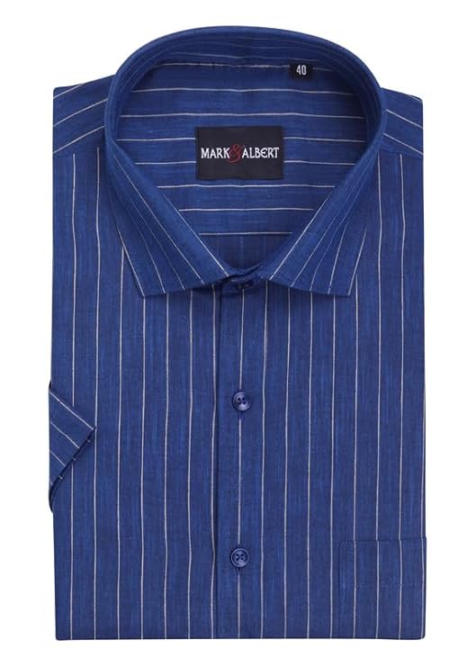MARK & ALBERT Men's Half Sleeve Cotton Linen Striped Shirt