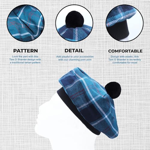 Image of Scottish Tam O' Shanter Hat Tartan Bonnet Pom Pom Wool Flat Cap One Size