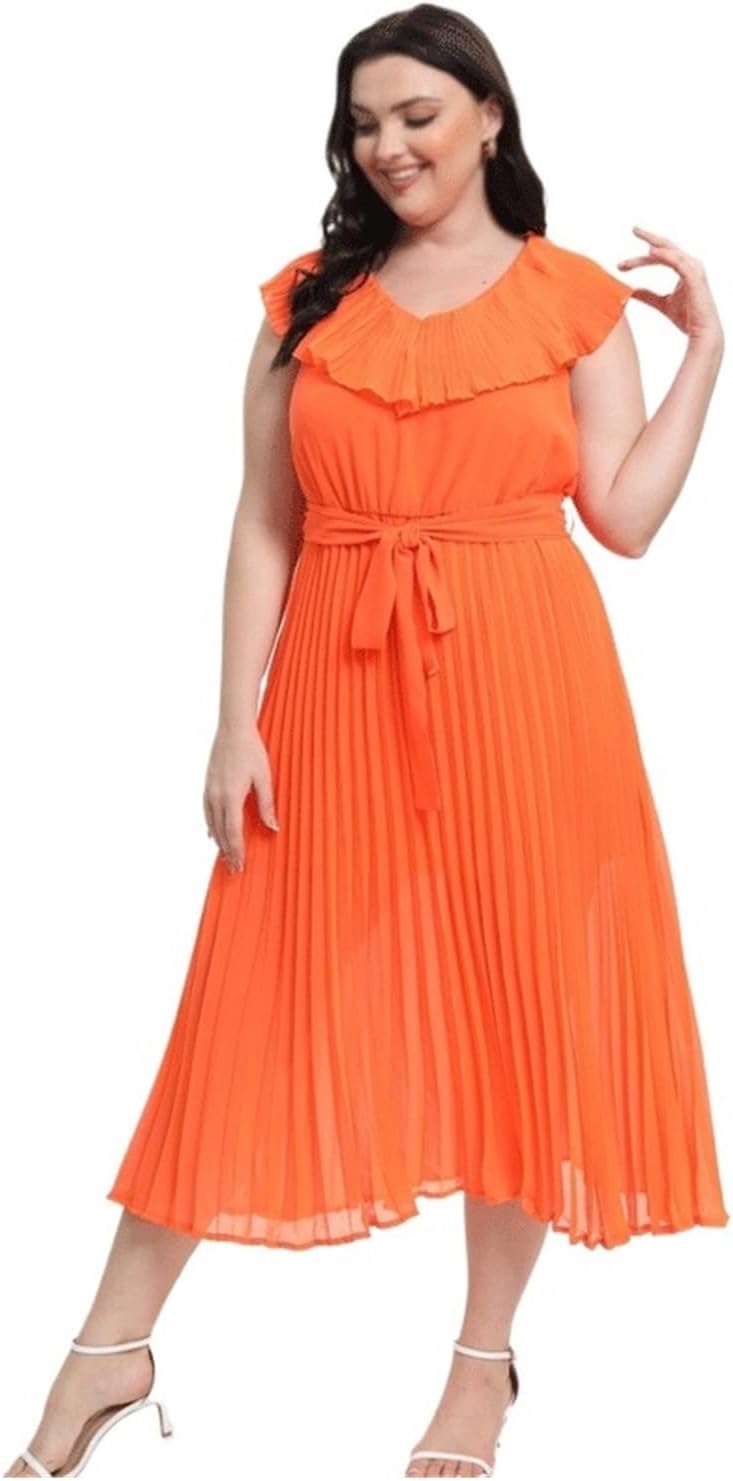 JSEIAJB Wedding Dress, Women's Plus Solid Ruffle Trim V Neck Pleated Bridesmaid Dress with Belt