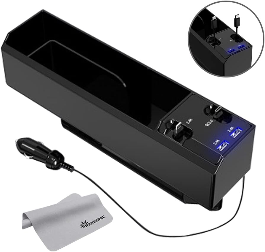 Raksonic 車用収納ポケット 運転席と助手席の間サイド収納ボックス 隙間ポケット すき間ポケット 2本の伸び縮み充電線 Usb充電口2つ シガーソケット付き 多機能ギャップ収納 落下防止 運転席と助手席汎用 スマホ充電 便利グッズ カー用品 年間ランキング6年連続受賞