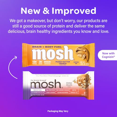 MOSH Peanut Butter Crunch Keto Protein Bars, High Fiber, Low Carb, Gluten Free, High Protein, Brain Healthy Snack, 12 Count