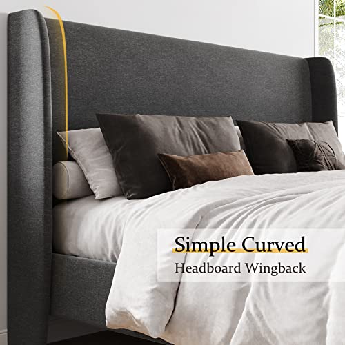 Jocisland Queen Size Bed Frame 51.2" High Linen Upholstered Platform Bed With Wingback Headboard/No Box Spring Needed/Easy Assembly/Dark Grey #TOP1