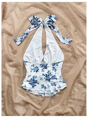 Women's Boho Floral Print Halter Top Y2k Sleeveless Backless Bow Knot Ruffle Tank Tops2