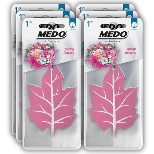 MEDO Leaf Hanging Car Air Freshener, Strong Long-lasting Fragrance, Removes Everyday Odours, For Car Interior Home & Office – 6 Pack Spring Flowers Scent (Pink)