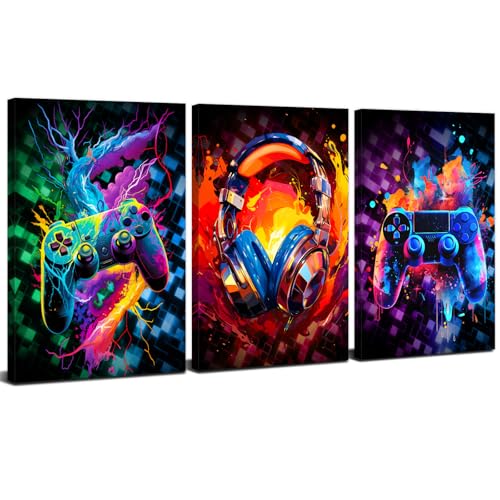 Cool Gaming Posters for Boys Room Graffiti Video Game Wall Art Retro Neon Gamepad Headphone Canvas Prints Colorful Cyberpunk Picture Kids Gamer Bedroom Playroom Living Room Home Decoration 16x24" 3P