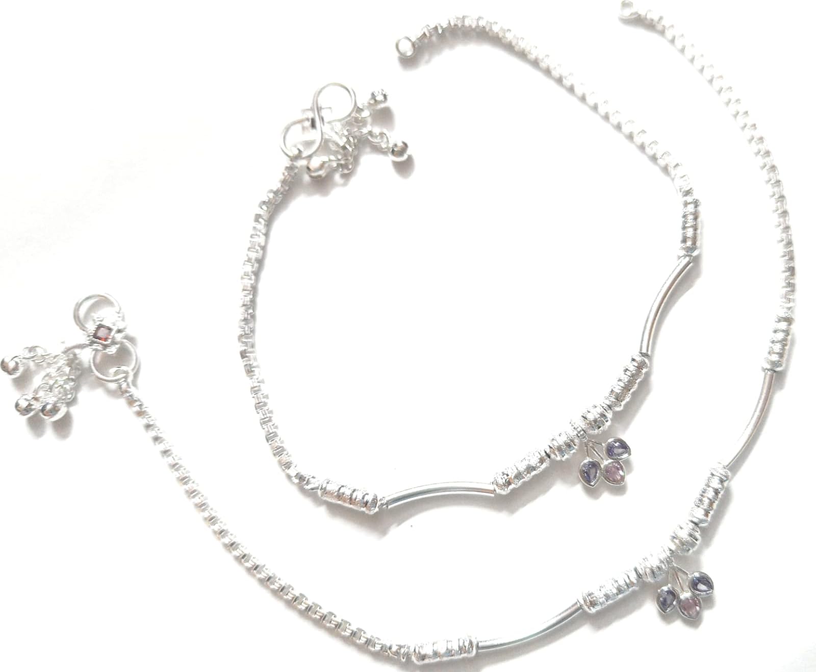 MRACE Elegant Silver Anklets with Purple Crystal Flower Design, Traditional Indian Style Payal 1 Pair-picture-32