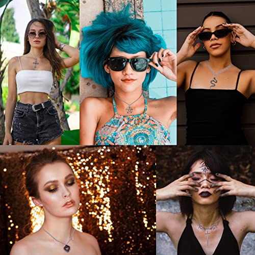 Cogu 10Pcs Gothic Grunge Necklace Set Goth Punk Rock Emo Silver Necklace Jewelry Sword Cross Thorn Pentagram Love Heart Angel Wing Snake Evil Eye Halloween Necklace For Women Girl Teens With Delicate Gift Box #TOP5