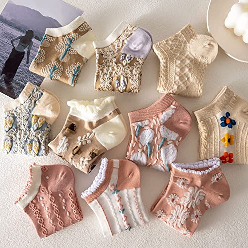 6 Pairs Cute Flower 3D Textured Cotton Sock For Women Girls, Casual Soft Ankle Crew Sock Short Socks Breathable Socks (A_01), 2022 #TOP4