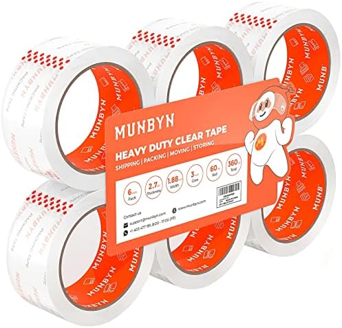 MUNBYN Packing Tape, Heavy Duty Shipping Tape with Total 360 Yards, 2.7mil, 1.88" *60 Yard(Per Rolls) Great for Shipping Packing Moving Mailing Office Storage, Clear Tape Refill for Dispenser