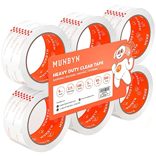 Munbyn Packing Tape, Heavy Duty Shipping Tape With Total 360 Yards, 2.7Mil, 1.88" *60 Yard(Per Rolls) Great For Shipping Packing Moving Mailing Office Storage, Clear Tape Refill For Dispenser #TOP17