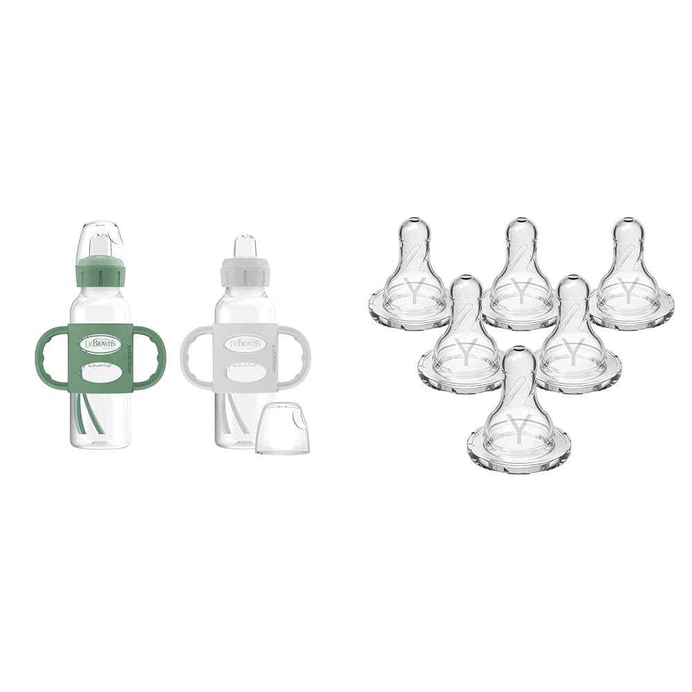 Dr. Brown's Milestones Narrow Sippy Spout Bottle with 100% Silicone Handles, Easy-Grip Handles & Dr. Brown’s Natural Flow Y-Cut Narrow Baby Bottle Silicone Nipple, Ideal for Thicker Liquids, 9m+