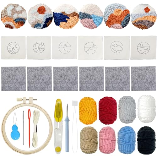 Kit punch needle Allazone avec 6 dessous-de-verre paysages en feutre pour loisirs créatifs