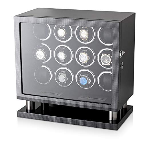 腕時計ワインダーステーション、LEDケースバックライト、収納コンパートメント、LCDディスプレイ付き自動巻き時計12本。, カーボン+ブラック。