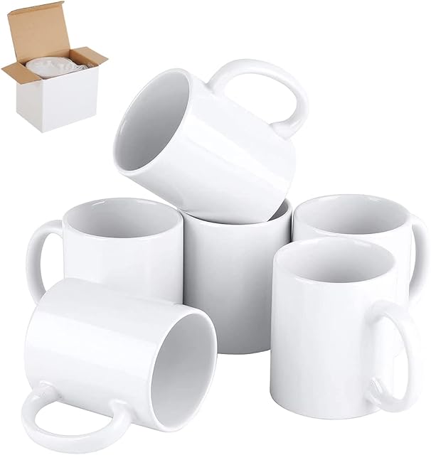 Signzworld Sublimation Mugs 11oz Blank Plain White Large Handle Coffee Mug with Gift Boxes (Pack of 6)