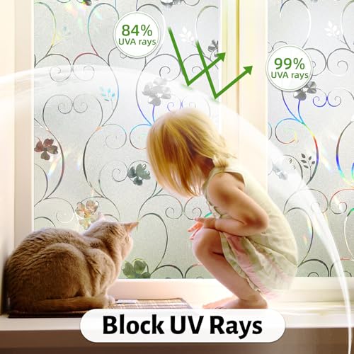 Qualsen Window Film Privacy Film for Glass Windows, 3D Rainbow Flower Stained Glass Window Film Self Adhesive, Frosted Window Privacy Film Static Cling Decorative Window Stickers for Home 44.3x200cm - Image 3