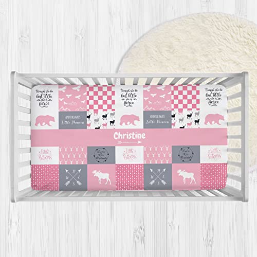 Personalized Woodland Deer Pink Baby Crib Sheets with Name, Customized Patchwork Design Crib Mattress Sheets for Baby Girls, Fitted Crib Bedding Sheets for Standard Crib Size, Name Crib Sheets