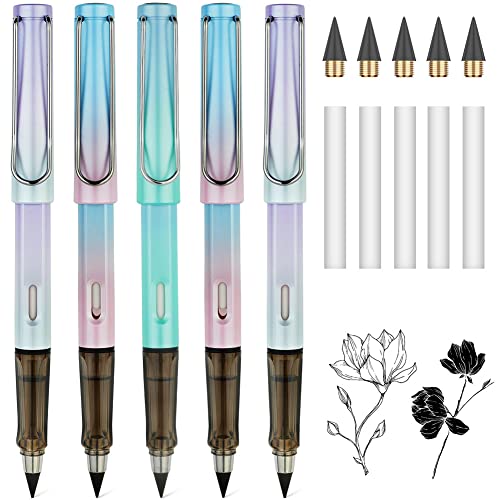 Image of AUAUY 5Pcs Everlasting Pencil, Infinity Pencil With Eraser And Replacement Nibs, Reusable Inkless Pencil For Writing, Drawing, Students Home Office School Supplies(Gradient), Ink black