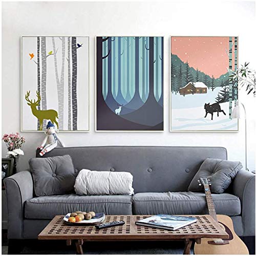 Affiche Hiver Forêt Elk Toile Peinture pour Salon Chambre 50x70cm
