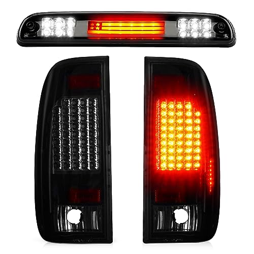 Bomusou LED Tail Light Assembly + 3rd Brake Light Fit for F250 F350 F450 F550 Super Duty 1999-2007 (Only Fits Styleside/Fleetside Models, DO NOT Fit Flareside/Stepside Models) 3 Pcs, Smoke Lens