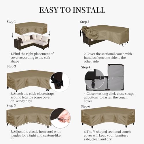 Image of Easy-Going 600D Patio V-Shaped Sectional Sofa Cover, Heavy Duty Outdoor Sectional Cover, Waterproof Furniture Cover with Air Vent 85 inch L (on Each Side) x 33.5 inch D x 31 inch H, Camel