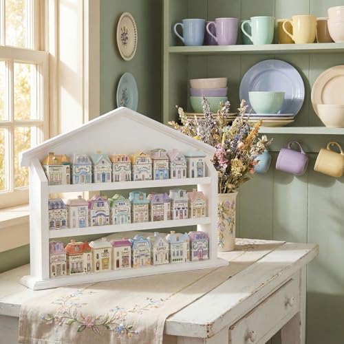 Chunful Spice Jar Wooden Rack with 3 Shelves White Hanging Spice Rack Wall Mounting Kitchen Storage Village Style Display Shelf for 24 Jars, Shelf Only (15.7 x 18.5 Inches, White Classic House) by Chunful - Image 6