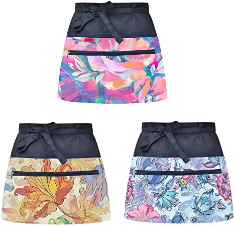 3PACK Server Aprons with 6 Pockets for Ladies Fairly Flower Sample Kitchen Waitress Apron with Zipper Pocket Restaurant Waist Aprons for Waiter, Bartender, Barista, Test Holder