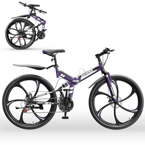 Image of Outroad 26 Inch Folding Mountain Bike, 21 Speed Full Suspension High-Carbon Steel MTB Foldable Bicycle, Dual Disc Brake Non-Slip Adjustable Seat Folding Bikes for Adults /Men /Women, Black, Orange