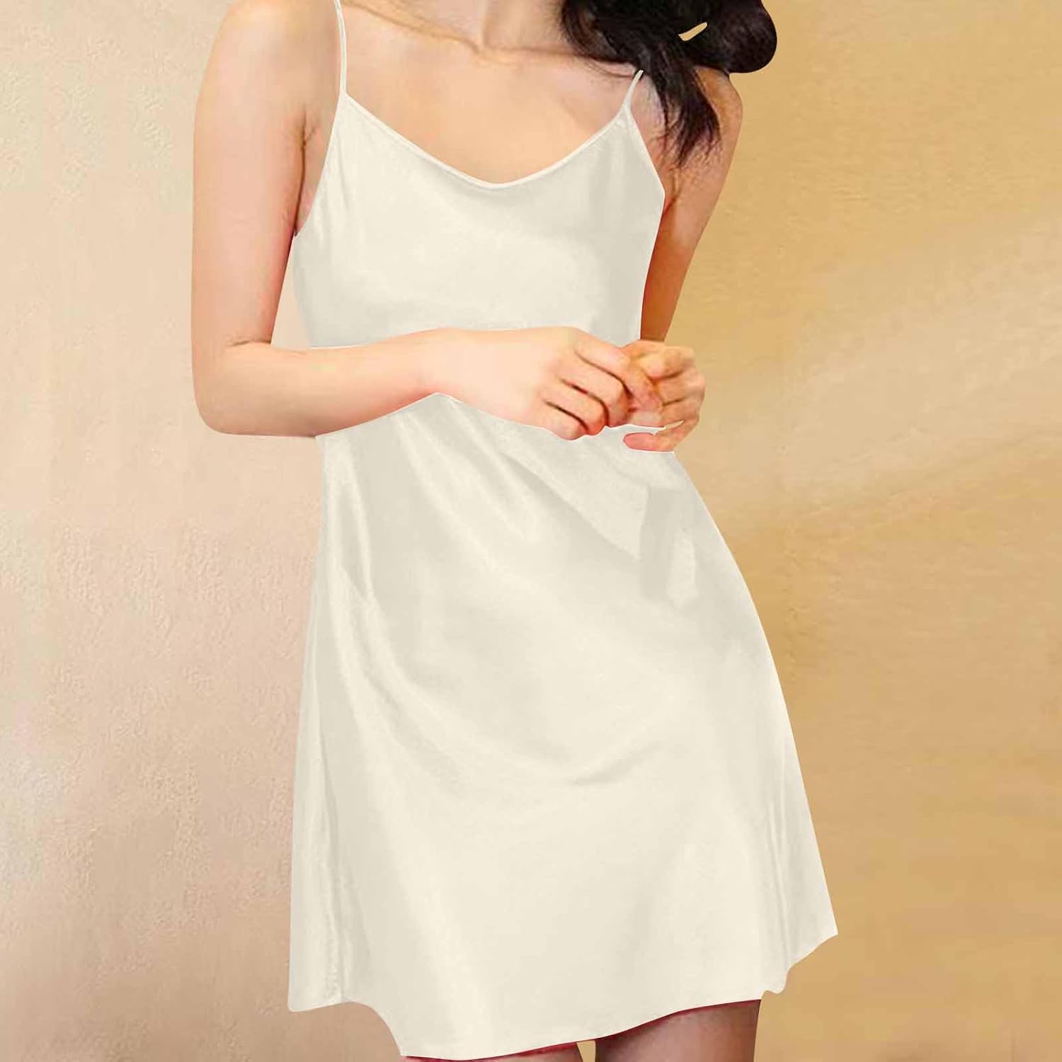 Full Slips Dress for Women Satin Silk Spaghetti Strap V Neck Under Dress Camisole Chemise Mini Slip Dress Nightgowns