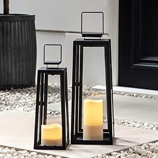 Lights4fun Set of 2 Decorative Candle Lanterns Black Metal Battery Operated with Timer Warm White LED Indoor Outdoor Use 40cm